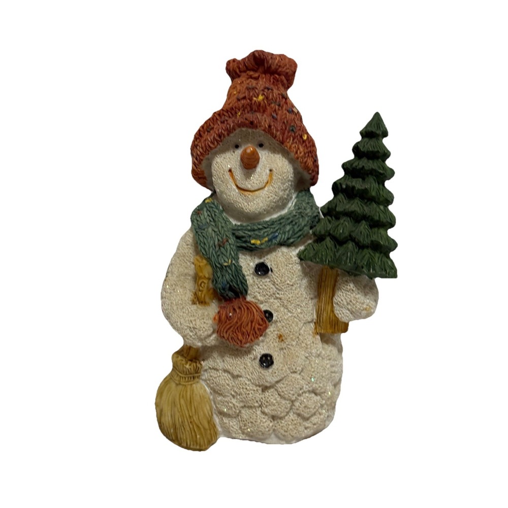 Vintage Snowman With Tree And Broom Winter Decor Subtle‎ Glitter  6" Tall